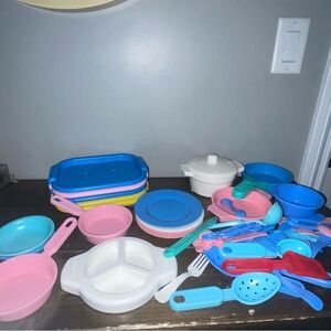 Vintage Fisher Price Food Toy Kitchen Dishes Pots,plates,trays and utensils !